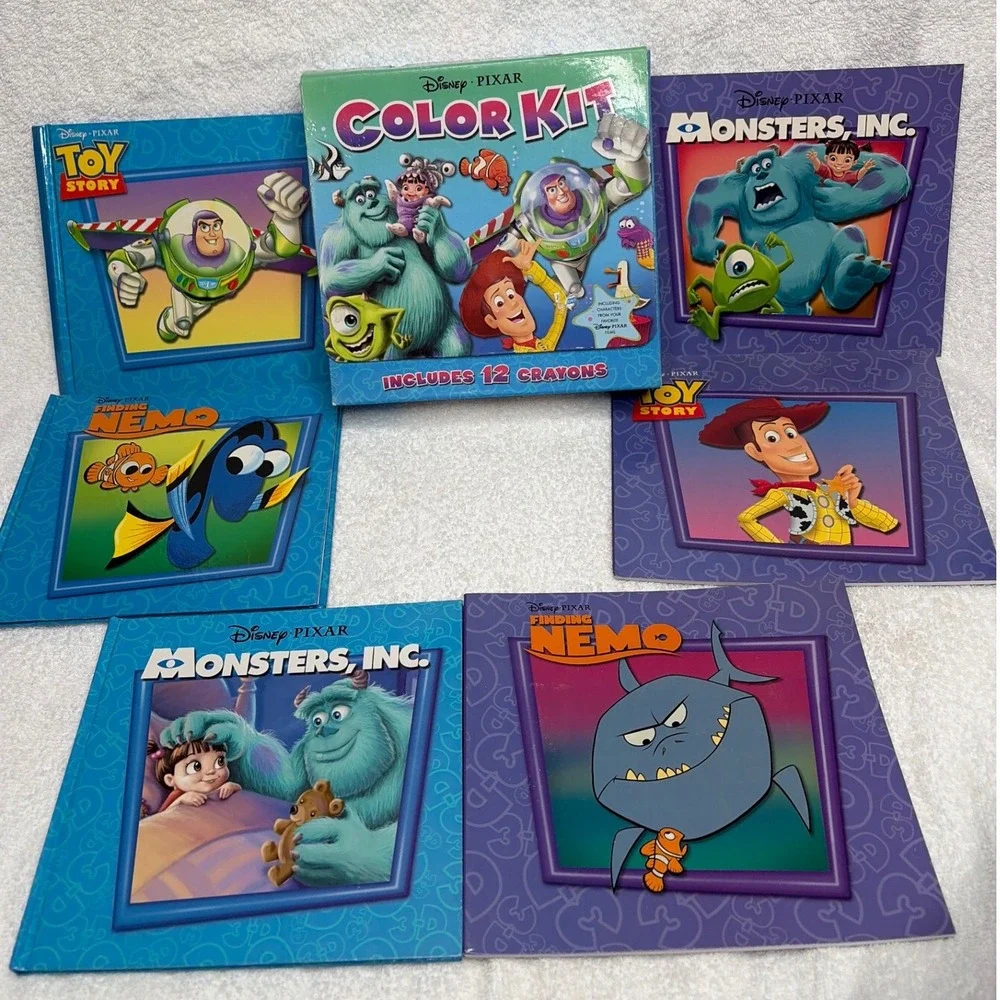 Disney Pixar Color Kit Toy Story Monsters Inc Finding Nemo 6 Books 12 Crayons